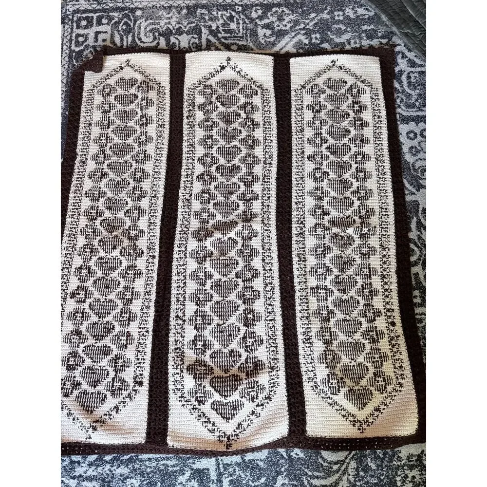 Handmade Vintage Heart & Flowers Motif Crochet Cream & Brown Throw Blanket 54x45